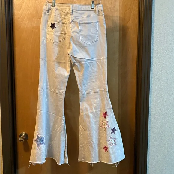 Easel Cream Flare Jeans with CustomPatches; Size L